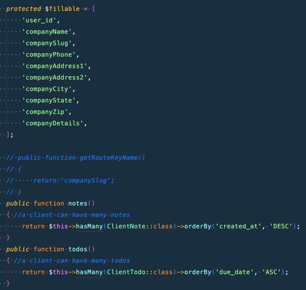 A screenshot of php code defining what a "Client" is.