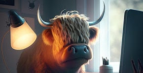 An illustrated Highland cow sits at his computer looking at a monitor