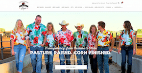 Homepage header image for Christensen Ranch, featuring their team in Hawaiian cow shirts. Text reads: Pasture raised, corn finished.