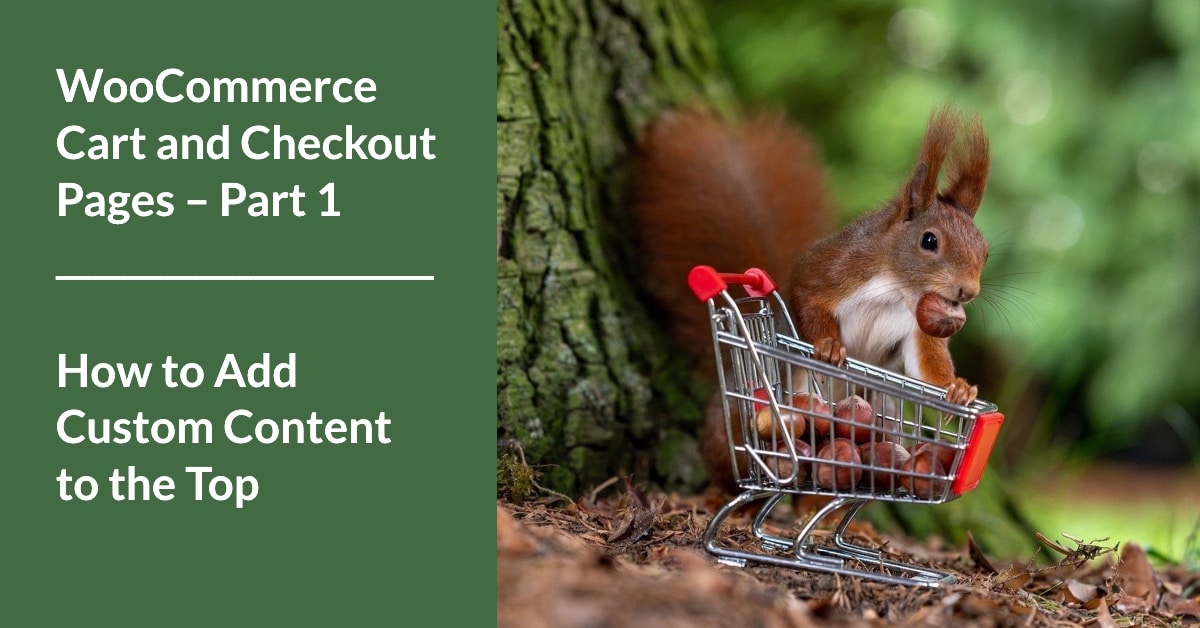 A brown squirrel has a red apple in his mouth. He's standing in front of a teeny tiny shopping cart that's also full of apples. Text reads: WooCommerce Cart and Checkout Pages – Part 1