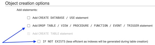 Screenshot showing the different Object Creation Options when moving a WordPress website