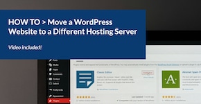 A laptop is open to a WordPress website's plugin page. Text overlay reads: How to move a WordPress website to a different hosting server