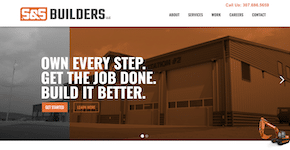 Homepage for S&S Builders featuring construction equipment