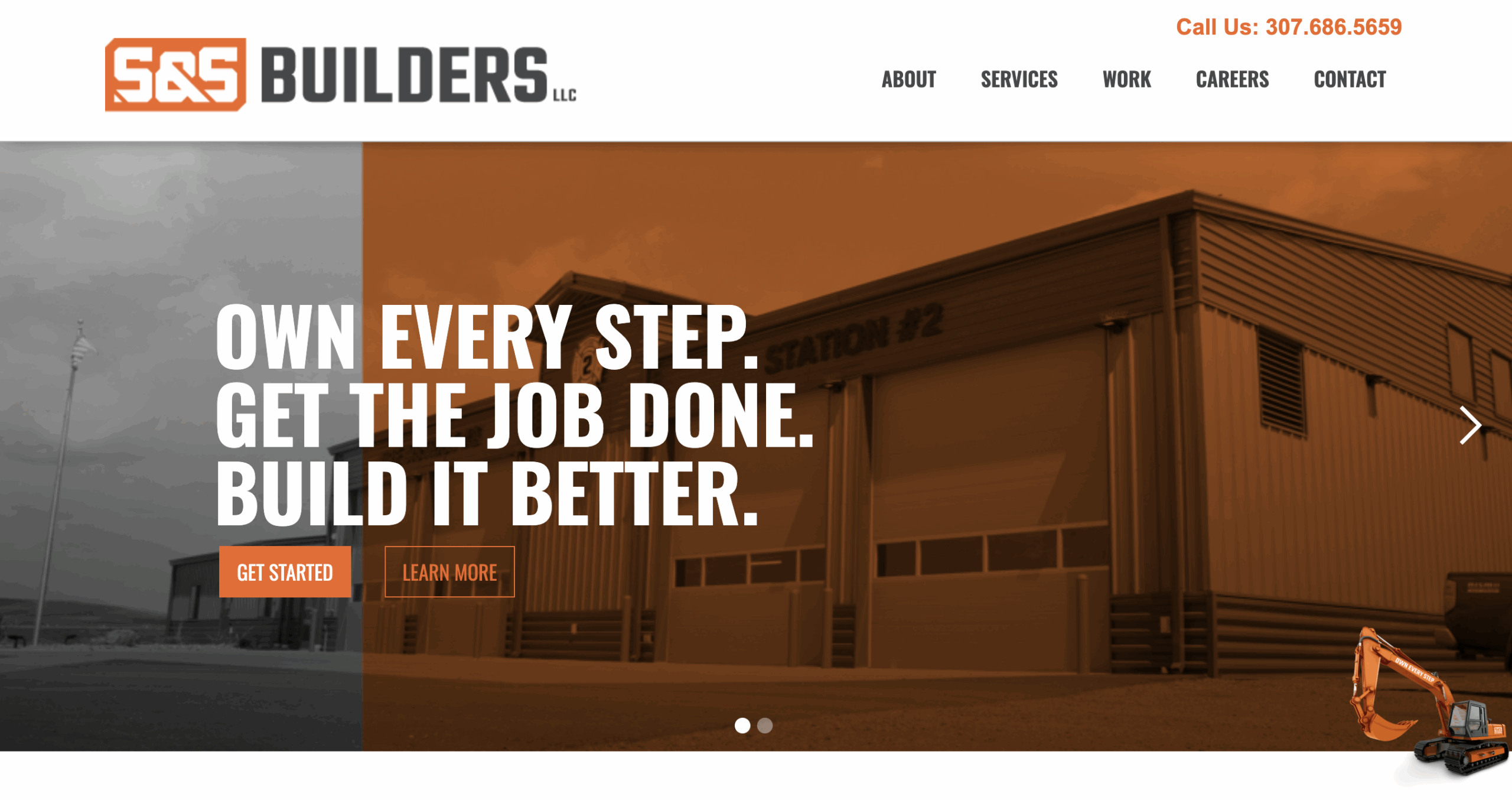 Homepage for S&S Builders featuring construction equipment